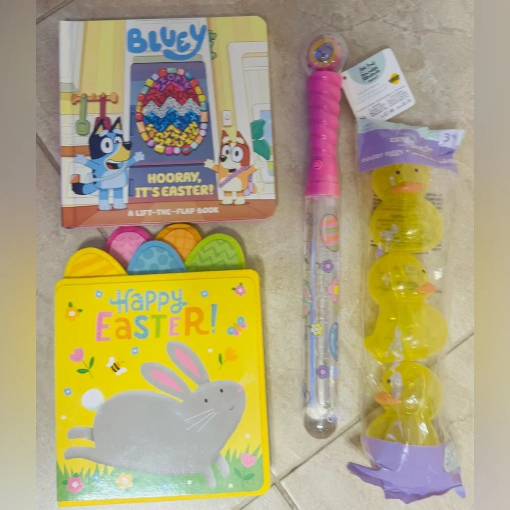 Pottery Barn Kids Tie-Ear Bunny Bucket, 2 Books Plastic Eggs & Light Up Bubbles